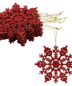 Pack of 12-10cm Glitter Snowflake Hanging Decorations - Christmas Decorations (Red)