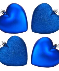 4-100mm Heart Shaped Baubles - Matte & Glitter Design - Christmas Decoration (Royal Blue)