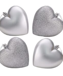 4-100mm Heart Shaped Baubles - Matte & Glitter Design - Christmas Decoration (Silver)