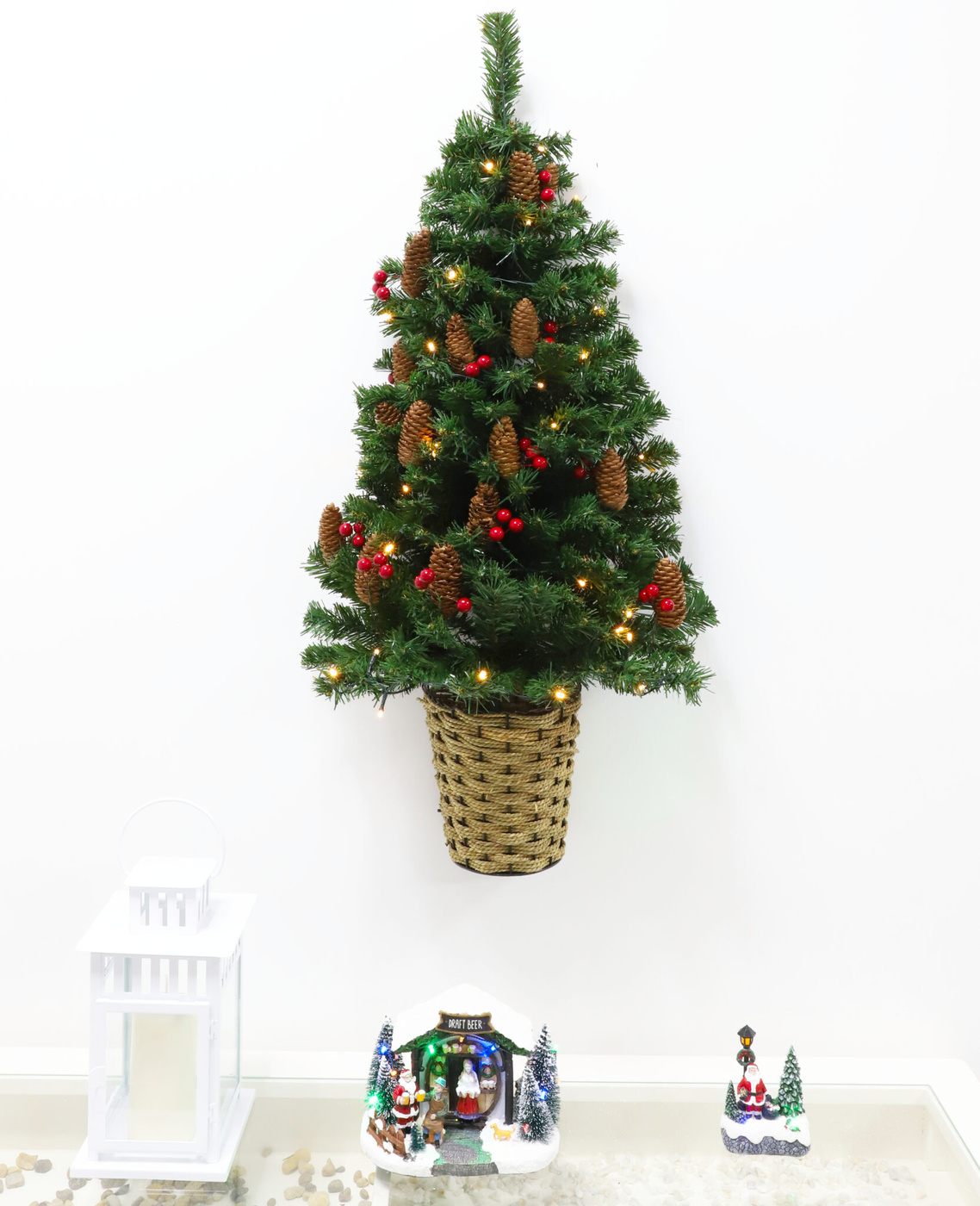 Christmas Concepts® 3ft (90cm) Green Pre Lit Wall Mounted Christmas Tree With Cones And Red