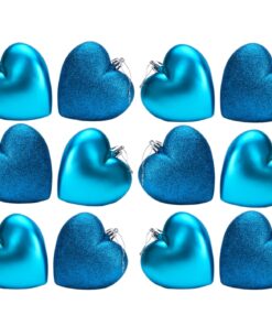 Pack Of 12-100mm Glitter Heart Shaped Christmas Tree Baubles - Matte & Glitter Design - Christmas Decorations (Turquoise)
