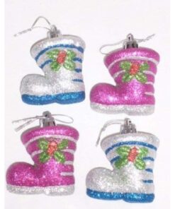 Christmas Concepts® Pack of 4 x 6cm Decorated Glitter Boot Baubles - Christmas Tree Decoration (Pink, Blue & Silver)