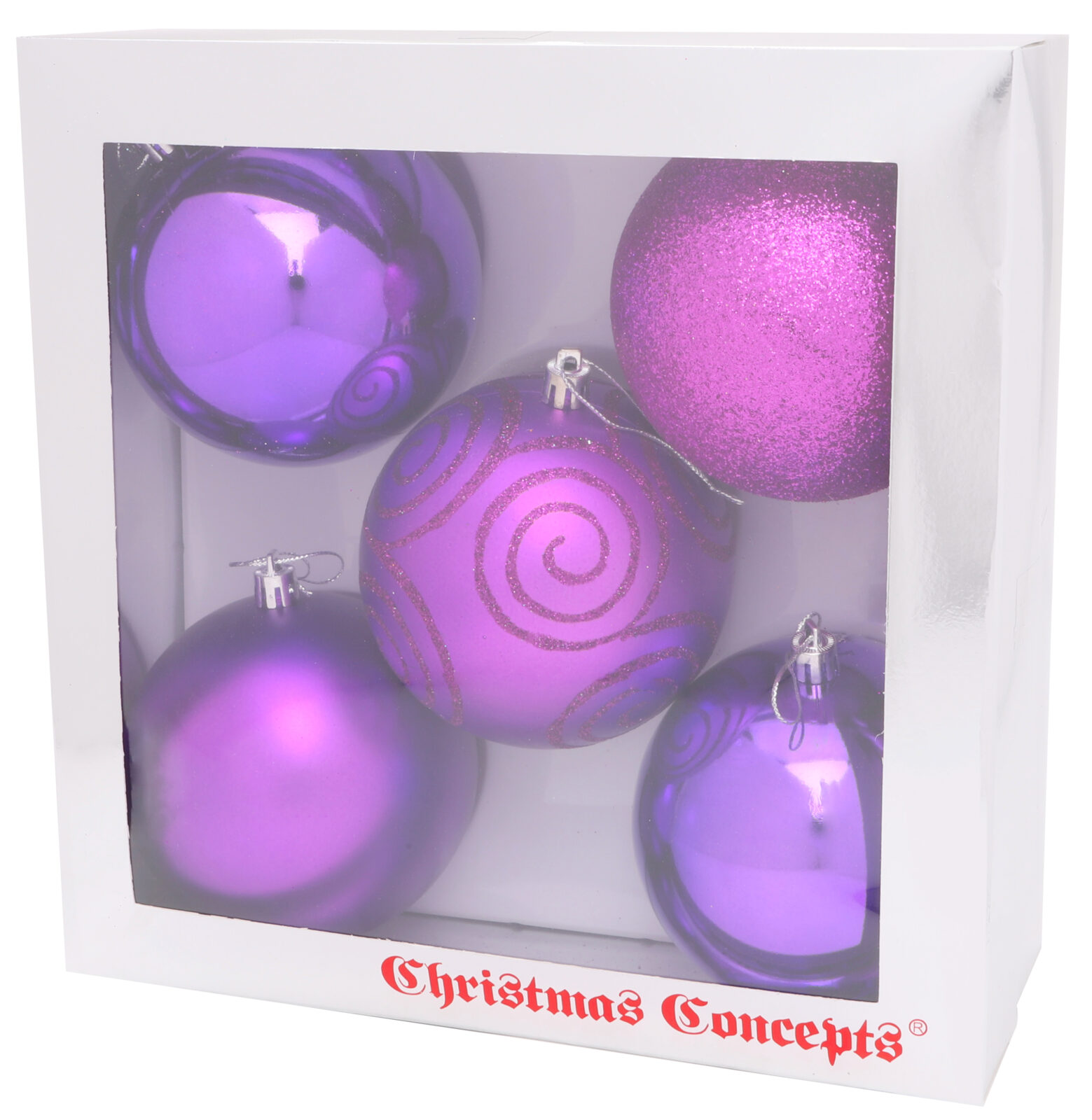 Christmas Concepts® Pack of 5 - Extra Large 100mm Christmas Tree Baubles -  Shiny, Matte & Glitter Decorated Baubles (Purple)