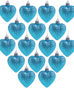 Pack of 16 - Glitter Heart Shaped Baubles - Christmas Tree Decorations (Turquoise)