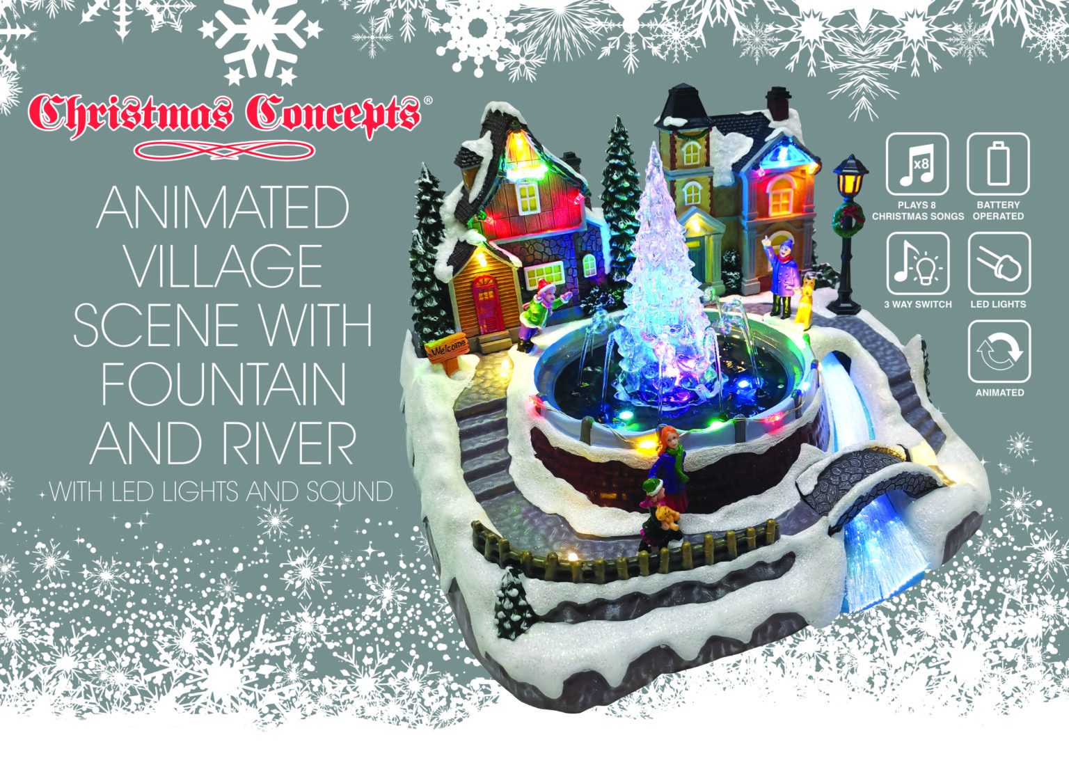 Christmas Concepts® 27cm LED Light Up Village Scene with Real Water Fountain and Music Battery