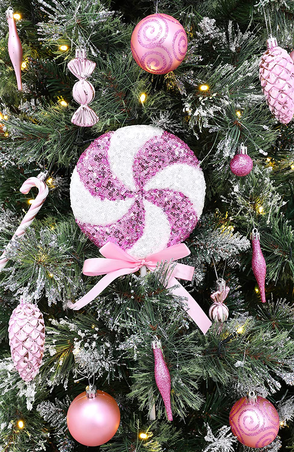 Pack of 2 36cm Giant Sparkly Sequin Lollipop Christmas Decoration Pink White Christmas Tree Ornaments