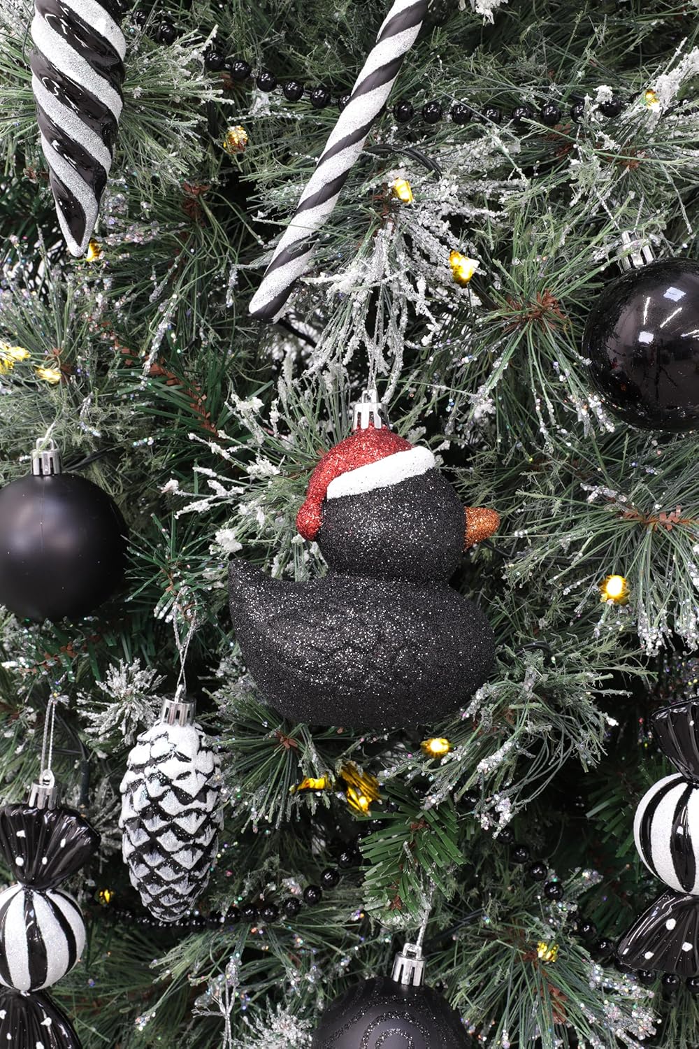 Pack of 2 110mm 4.3 Black Glittery Festive Duck Baubles Christmas Tree Decorations
